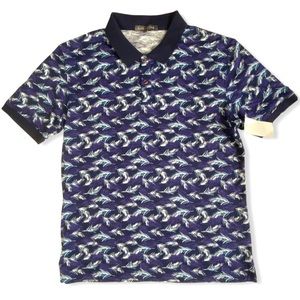 Slate & Stone Polo Shirt 100% Cotton Navy Blue Fern Print, Size M
